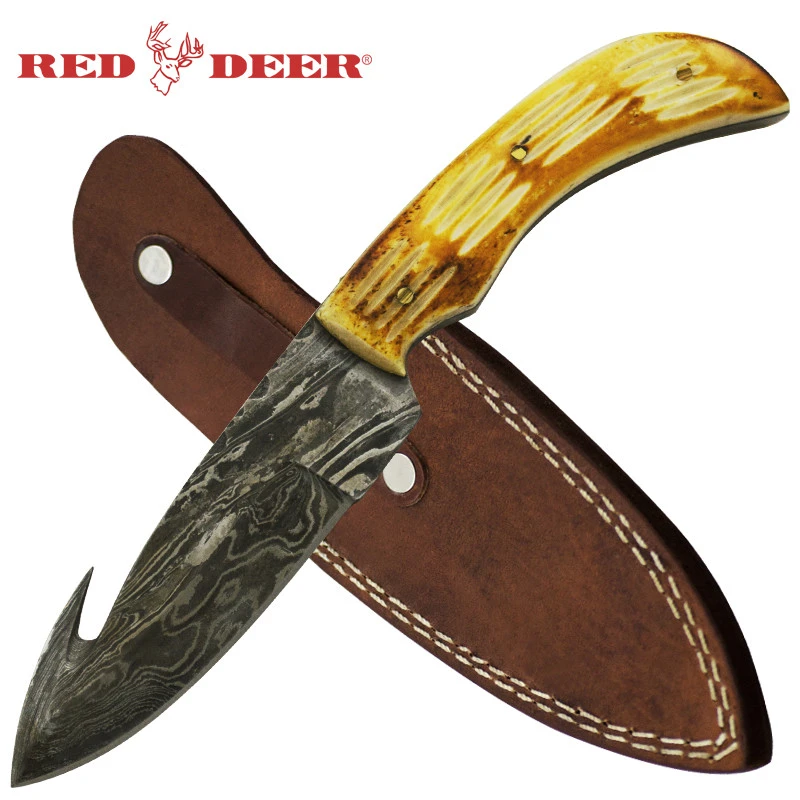 Red Deer Gut Hook Damascus Bright Bone Hunting Knife